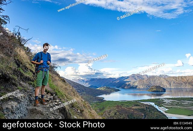 Hiker on the hiking trail to Rocky Peak, views of Wanaka Lake and mountains, Glendhu Bay, Otago, South Island, New Zealand, Oceania