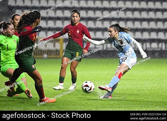 Angel Kerkhove of Belgium scores the 2-2 goal during a friendly soccer game between the national women under 23 teams of Belgium, called the red flames