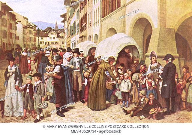 The arrival of the children of Stans at Morat, Switzerland - during the War of 1798, when the French captured the town. Painting by Albert S. Anker