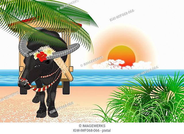 Japanese ox carrying a cart on the beach, illustration