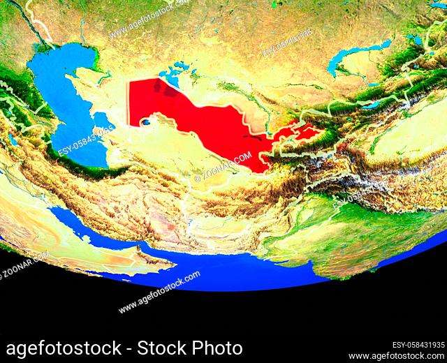 Uzbekistan from space on model of planet Earth with country borders. 3D illustration. Elements of this image furnished by NASA
