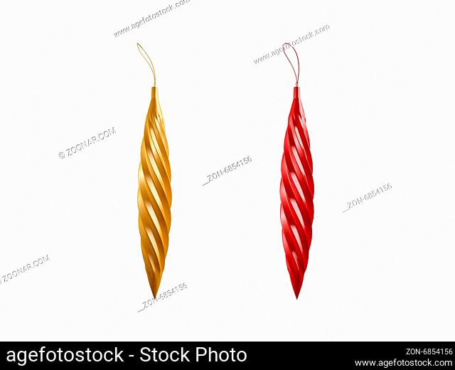 Red and golden yellow colored christmas ornament, toy, isolated on white background