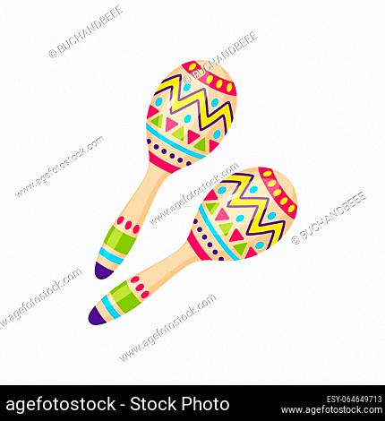 Traditional Mexico music maracas rhythm percussion wooden tools, Barranquilla carnival holiday object. Vector musical instrument, two beanbag rattles