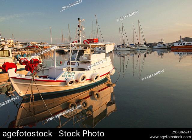 Traditional fishing boats anchored at the harbor in the afternoon light, Naxos Island, Cyclades Islands, Greek Islands, Greece, Europe