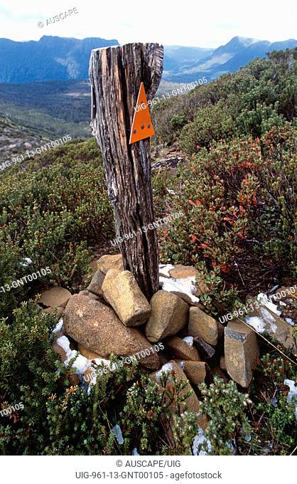 Track marker on the ascent to Mount Ossa on the Overland Track, Cradle Mountain-Lake St Clair National Park, Tasmania, Australia