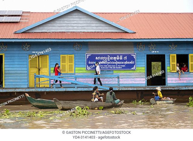 Floating school, Chang Kneas floating village, Siem Reap Province, Cambodia. Chang Kneas, is one of the more than 170 villages surrounding the Tonle Sap Lake