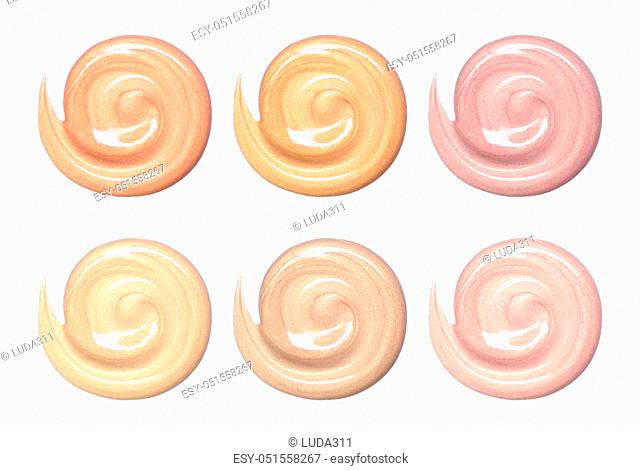 Samples of foundation for face. Smears of tonal cream. Set of multicolored smears of makeup samples. Tonal cream with small flickering particles shimmer