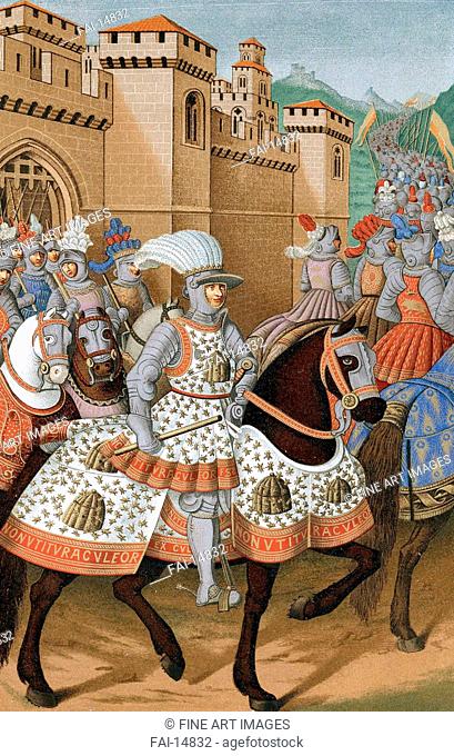 Louis XII of France riding out with his army to chastise the city of Genoa, 24 April 1507. Anonymous . Tempera and gold on parchment. Medieval art