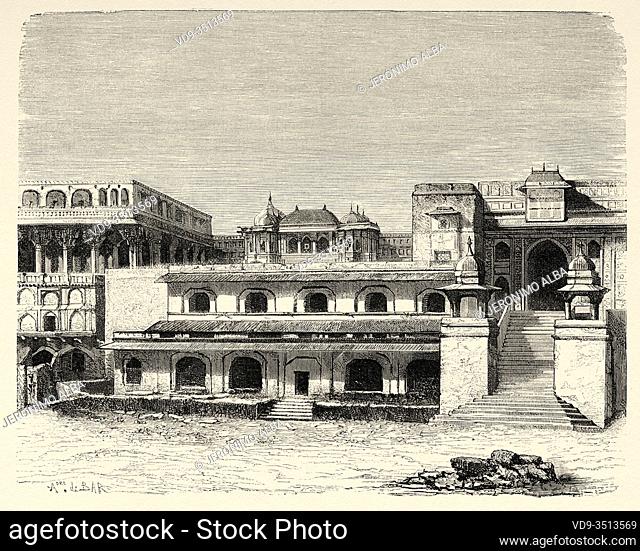 Amber Fort Palace, Jaipur. Rajasthan, India. Old engraving illustration from El Mundo en la Mano 1878
