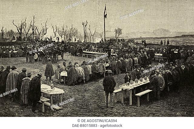 Feast for the 700 workers at the sluice gate of Casalecchio sul Reno, Italy, engraving from a photograph by I Cavallari from L'Illustrazione Italiana, year XXI