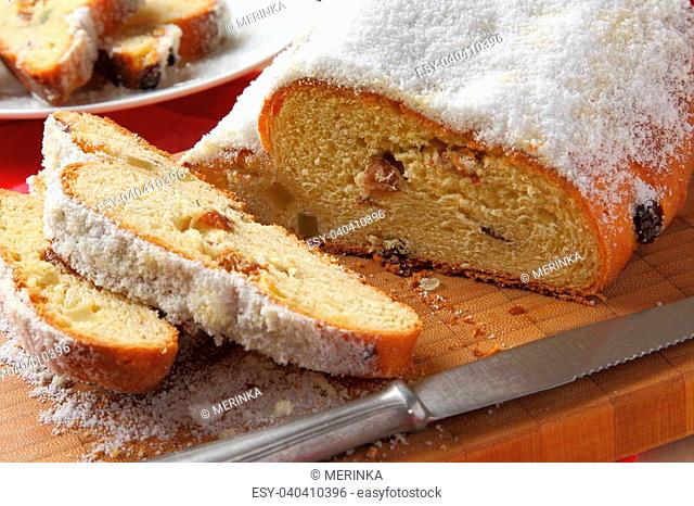 Traditional German homemade stollen with dried fruits