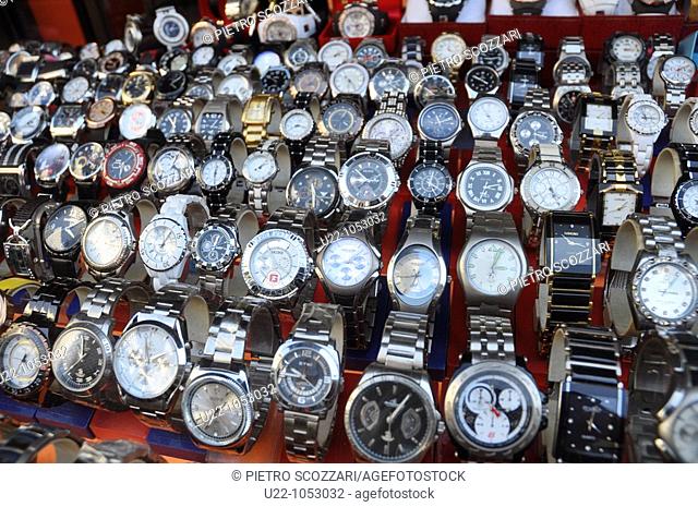 Bangkok (Thailand), fake watches sold on a stall along Sukhumvit Road