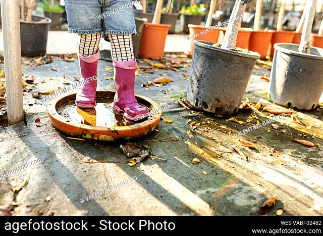 Crop view of little girl wearing Wellington Boots playing at pant nursery