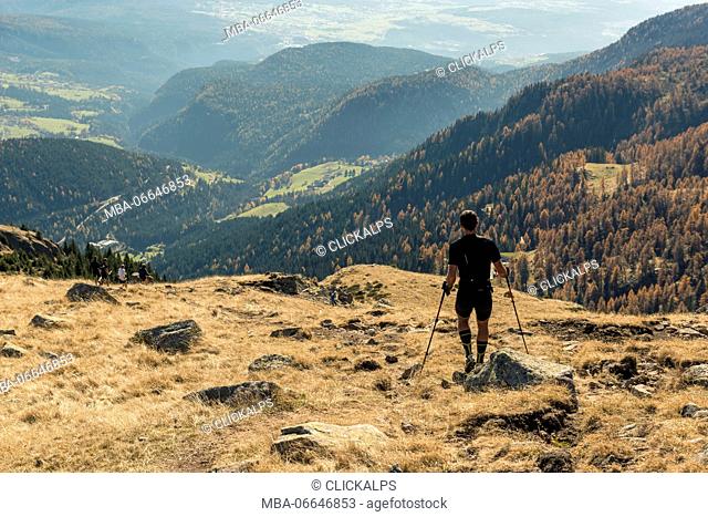 Italy, Trentino Alto Adige, Non valley, hiker on Luco Mount in autumn day