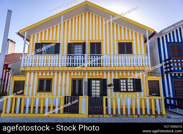 Painted house called Palheiros in Costa Nova area of Aveiro city in the Centro Region of Portugal
