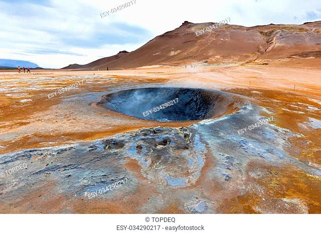 Hot Mud Pots in the Geothermal Area Hverir, Iceland. Horizontal shot