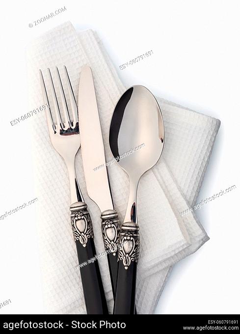 Cutlery set with Fork, Knife and Spoon isolated on white background