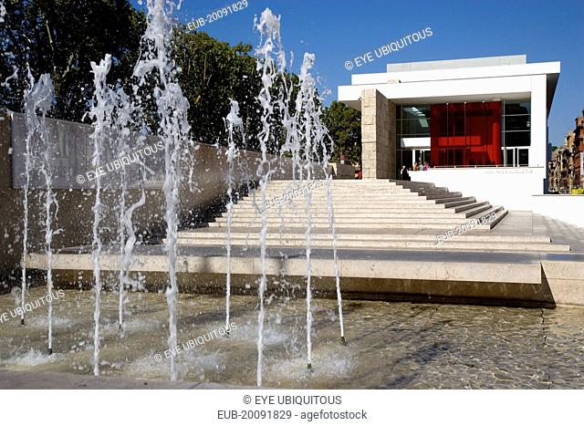 Lazio Fountains in front of the Ara Pacis The Altar of Peace a monument from 13 BC celebrating the peace created in the Mediteranean by Emperor Augustus after...