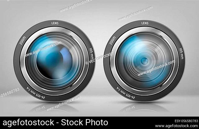 realistic clipart with two camera lenses, photo objectives with zoom isolated on white background. Optical system for photographic devices