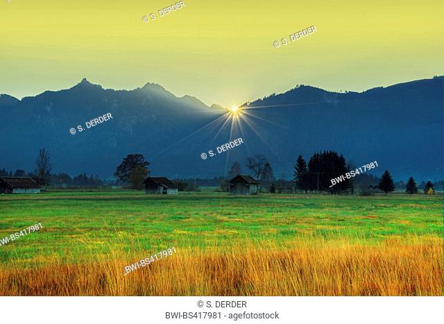 sunset at the Laber and Ettaler Mandl, seen from Murnauer Moos, Germany, Bavaria, Oberbayern, Upper Bavaria, Ammergebirge