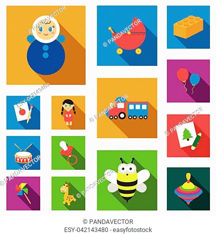 Children's toy flat icons in set collection for design. Game and bauble vector symbol stock illustration