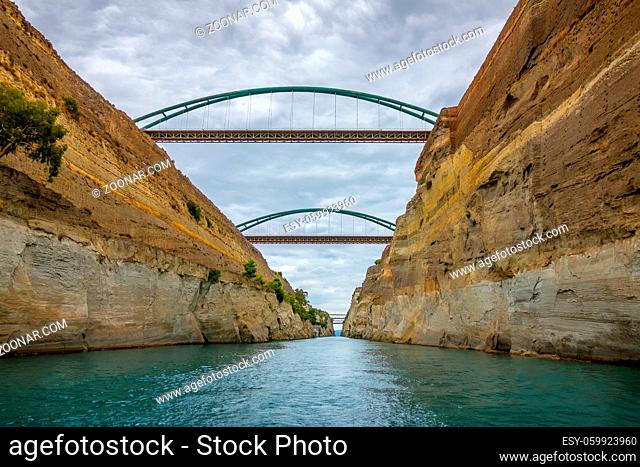 Greece. Old Corinth Canal. Several bridges. Overcast weather