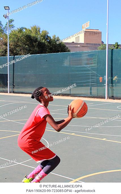 05 June 2019, Namibia, Windhuk: 14-year-old Wendy Liswaniso is playing basketball in a poor neighbourhood in Namibia's capital Windhoek as part of a project...