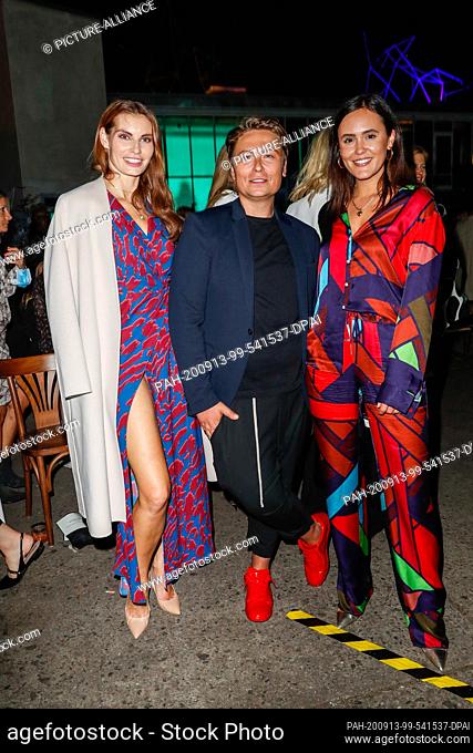 12 September 2020, Berlin: Rebecca Kunikowski (l-r), Dawid Tomaszewski and Laura Noltemeyer come to the vernissage of the fashion designer Dawid Tomaszewski at...