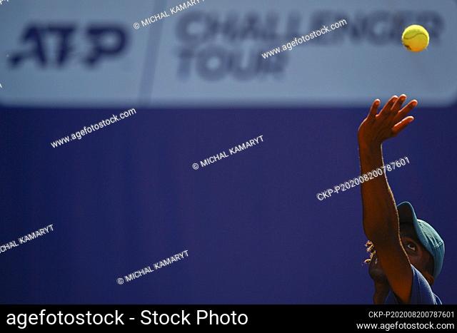 Elias Ymer of Sweden serves the ball to Michael Vrbensky of Czech Republic during the I. CLTK Prague Open of the ATP Challenger Tour match in Prague