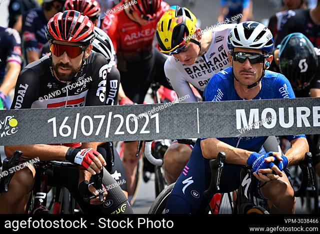 Belgian Thomas De Gendt of Lotto Soudal and Belgian Dries Devenyns of Deceuninck - Quick-Step at the start of stage 19 of the 108th edition of the Tour de...
