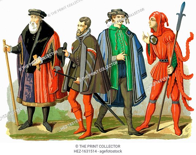 German costumes, 15th-16th century (1849). Featured are a chief magistrate of Cologne in his official garments (1572), an executioner of Cologne (16th century)