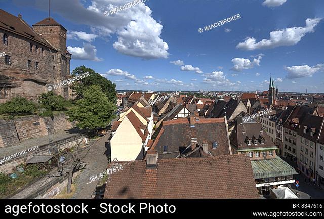 View of the old town, on the left the Kaiserburg, on the right St. Sebald and St. Lorenz, Nuremberg, Middle Franconia, Bavaria, Germany, Europe