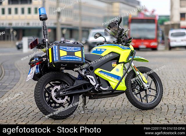 01 May 2022, Bavaria, Nuremberg: An electric motorcycle from the Nuremberg police. In Nuremberg, the police are currently testing the first uniformed...