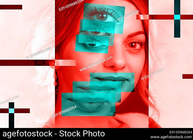 Contemporary art poster abstract collage with attractive female model. Minimal design concept. Modern art