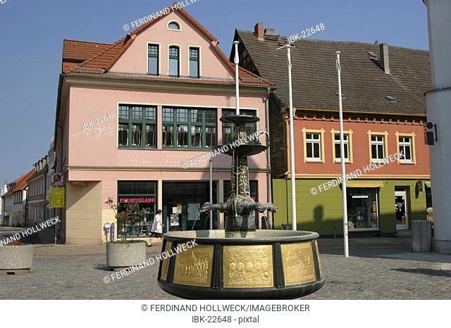BRD Germany Mecklenburg Vorpommern Wolgast market place with historical fountain