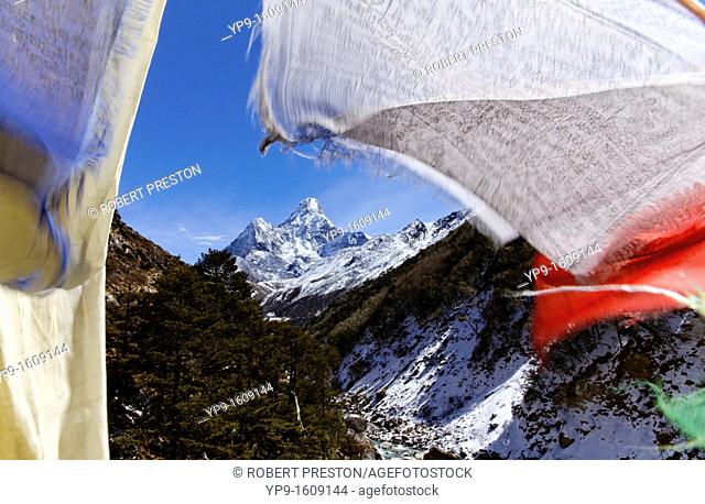 Ama Dadlam mountain and prayer flags, Everest Region, Nepal