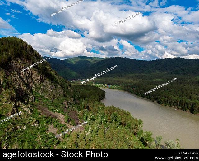 Aerial view of Katun river in Altai mountains