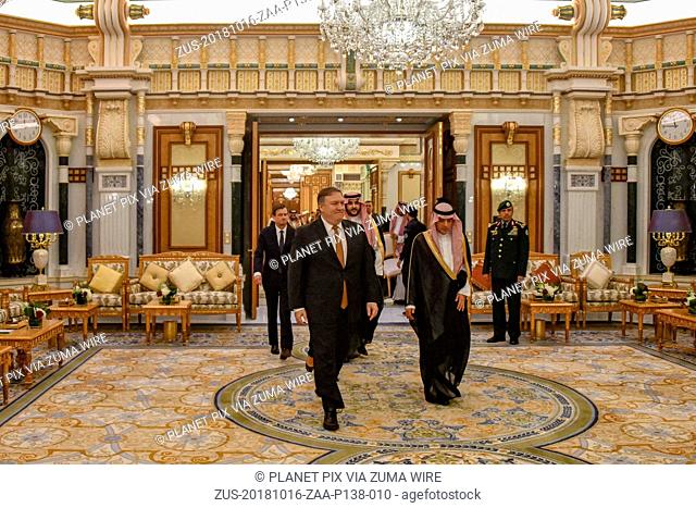 October 16, 2018 - Riyadh, Saudi Arabia - U.S. Secretary of State Mike Pompeo, left, is escorted by Saudi Foreign Minister Adel al-Jubeir to a bilateral meeting...