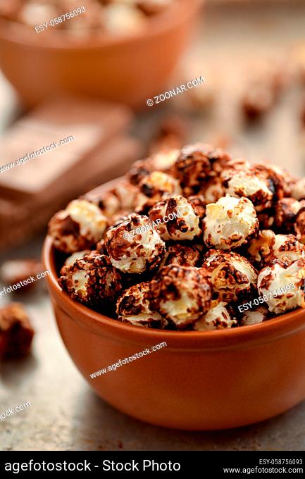 Close up of bowl with sweet chocolate popcorn
