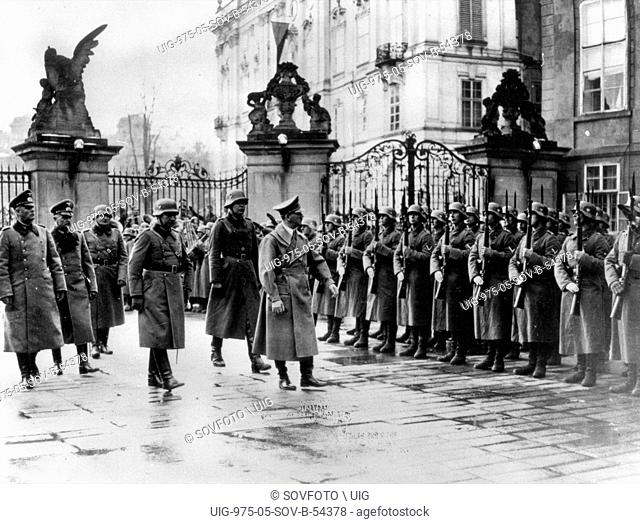 World War 2. The German occupation of Bohemia and Moravia on March 15, 1939. Adolf Hitler reviewing his troops in the 1st courtyard of Prague Castle