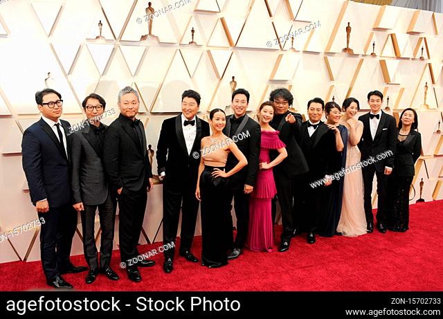 Bong Joon Ho, Yang Jin-mo, Jin Won Han, Kwak Sin-ae, Ha-jun Lee, Kang-ho Song, Sun-kyun Lee, Yang-kwon Moon and Yeo-jeong Jo at the 92nd Academy Awards held at...
