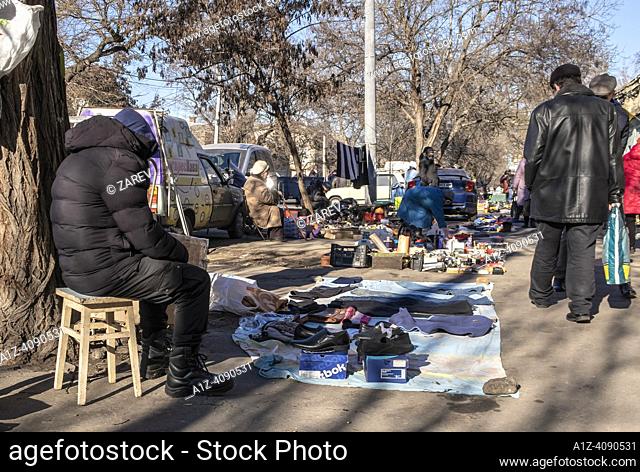Sunny winter day at the big flea market in Odessa, Ukraine