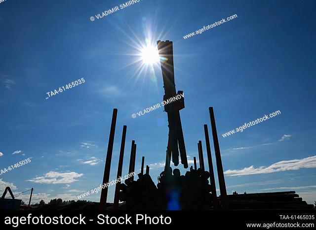 RUSSIA, VOLOGDA REGION - AUGUST 22, 2023: A log stacker operates at LDK No 2, a timber factory based in Vytegra and owned by Vologda Timber Merchants