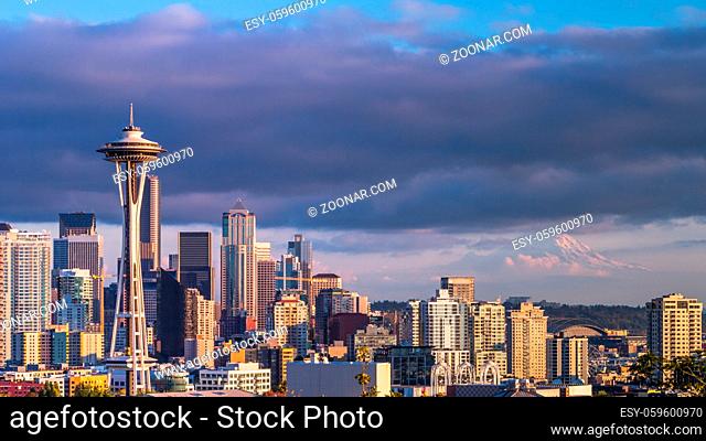skyline of Seattle, downtown in sunset