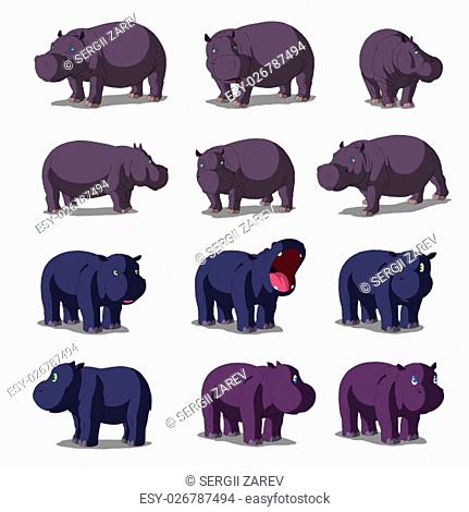 Set of African Hippo separate images. Digital painting full color cartoon style illustration isolated on white background