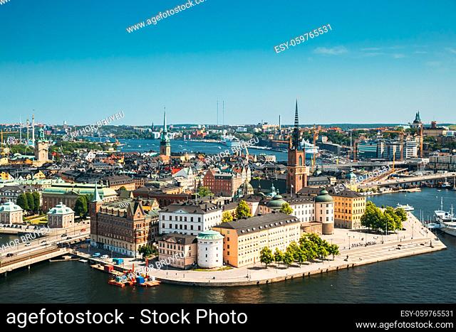 Stockholm, Sweden. Riddarholm Church, The Burial Place Of Swedish Monarchs On The Island Of Riddarholmen. Sunny Cityscape Skyline