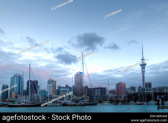 Auckland, New Zealand - February 6, 2015: View over the Viaduct Basin with Auckland skyline