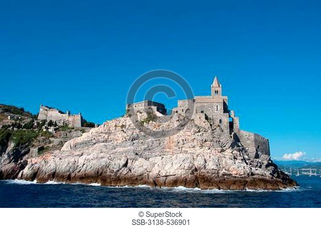 Church and a castle on the coast, Church of San Pietro, Doria Castle, Portovenere, La Spezia Province, Liguria, Italy