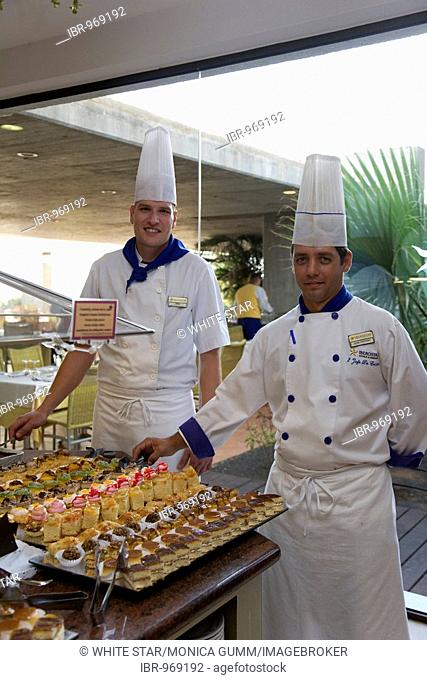 Chefs next to the Dessert Buffet of the Hotel Iberostar Costa Calero, Puerto Calero, Lanzarote, Canary Islands, Spain, Europe