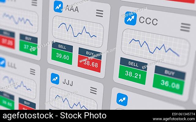 close-up of a computer screen, web interface for a financial app, realtime stock market data and charts, concept of online trading, light theme (3d render)